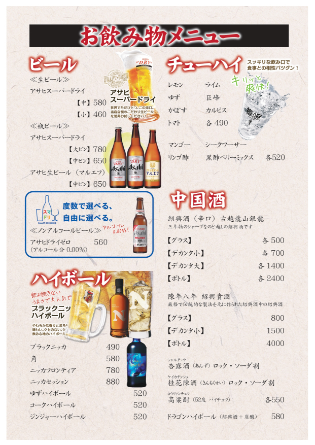 ドリンクメニュー日本語その一