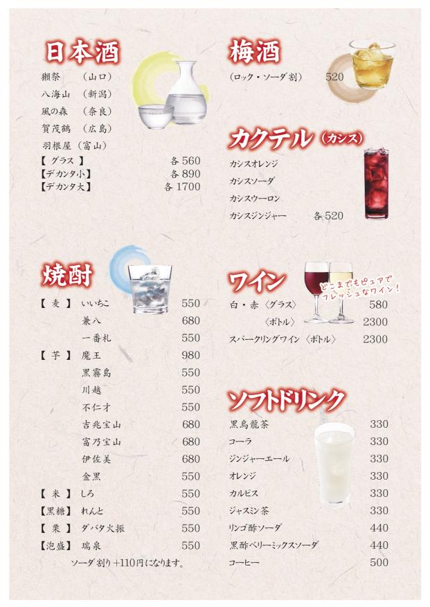 ドリンクメニュー日本語その二